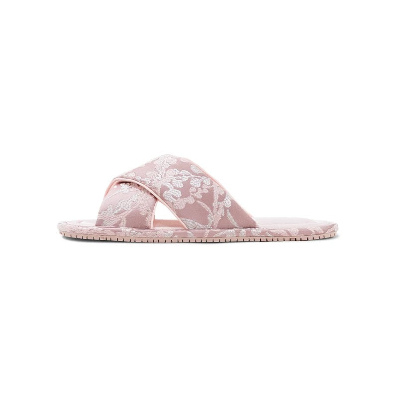 Chinese-style Pink Floral Print Silk Home Slippers, Noble Princess Style, Simple and Elegant