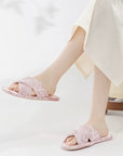 Chinese-style Pink Floral Print Silk Home Slippers, Noble Princess Style, Simple and Elegant