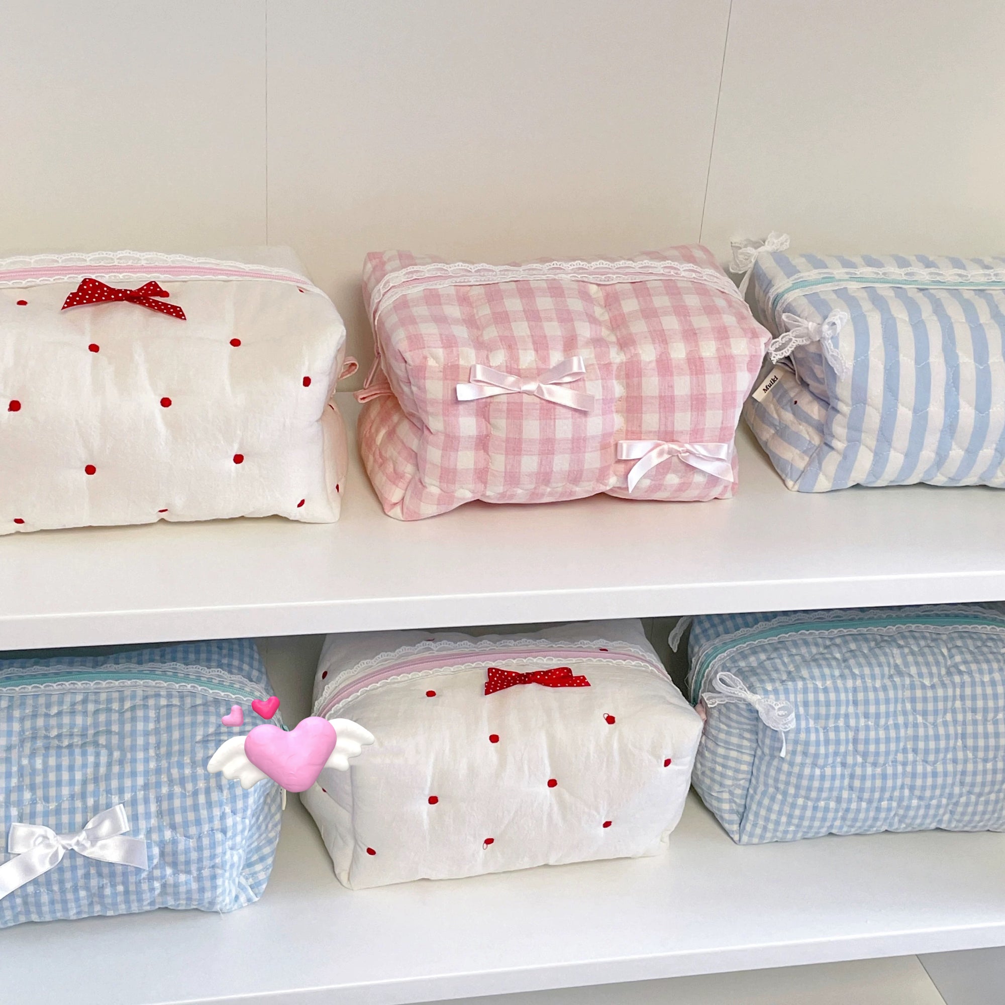 Omnipink Pink Cotton-Filled Fabric Makeup Bag Cute Storage Large Capacity with Bow
