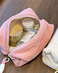 Omnipink, Pink plush plaid large-capacity portable cosmetic storage bag, travel organizer for skincare products, soft and sweet bag for girls