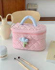 Omnipink Super cute pink tulip cosmetic storage bag, soft and fluffy with quilted padding, portable and large-capacity for organizing travel toiletries