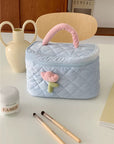 Omnipink Super cute pink tulip cosmetic storage bag, soft and fluffy with quilted padding, portable and large-capacity for organizing travel toiletries