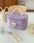 Omnipink Super cute pink tulip cosmetic storage bag, soft and fluffy with quilted padding, portable and large-capacity for organizing travel toiletries