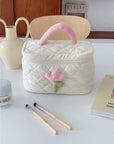 Omnipink Super cute pink tulip cosmetic storage bag, soft and fluffy with quilted padding, portable and large-capacity for organizing travel toiletries