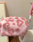 Omnipink, Super sweet pink leopard print fluffy large-capacity cute cosmetic storage bag, with a sweet heart-shaped leopard print, portable travel toiletry bag