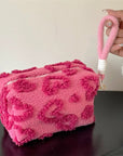 Omnipink, Super sweet pink leopard print fluffy large-capacity cute cosmetic storage bag, with a sweet heart-shaped leopard print, portable travel toiletry bag