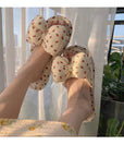 Puff Bow Cute Indoor Slippers with Sweet Strawberry Print, Soft Cotton, and Comfortable Design