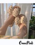 Puff Bow Cute Indoor Slippers with Sweet Strawberry Print, Soft Cotton, and Comfortable Design