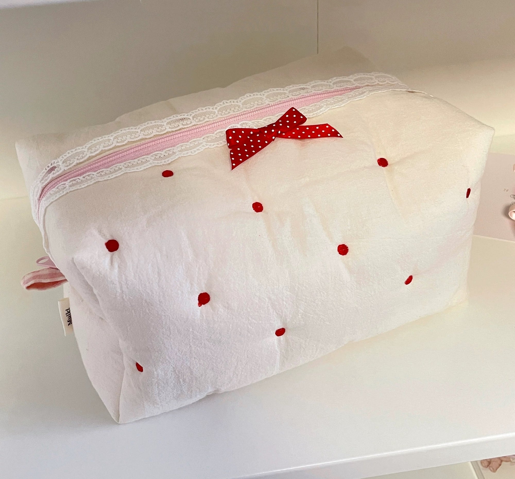 Omnipink Pink Cotton-Filled Fabric Makeup Bag Cute Storage Large Capacity with Bow