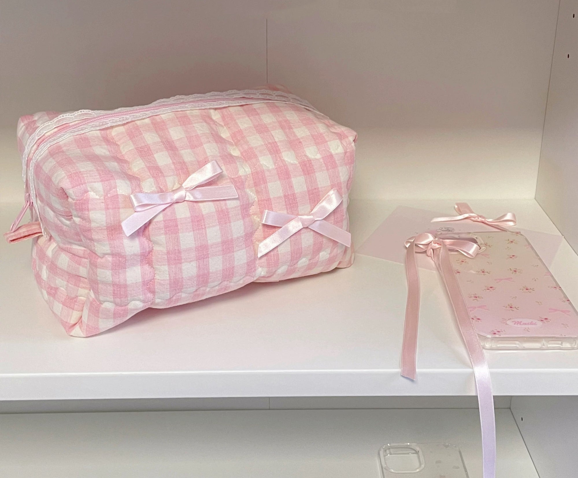 Omnipink Pink Cotton-Filled Fabric Makeup Bag Cute Storage Large Capacity with Bow